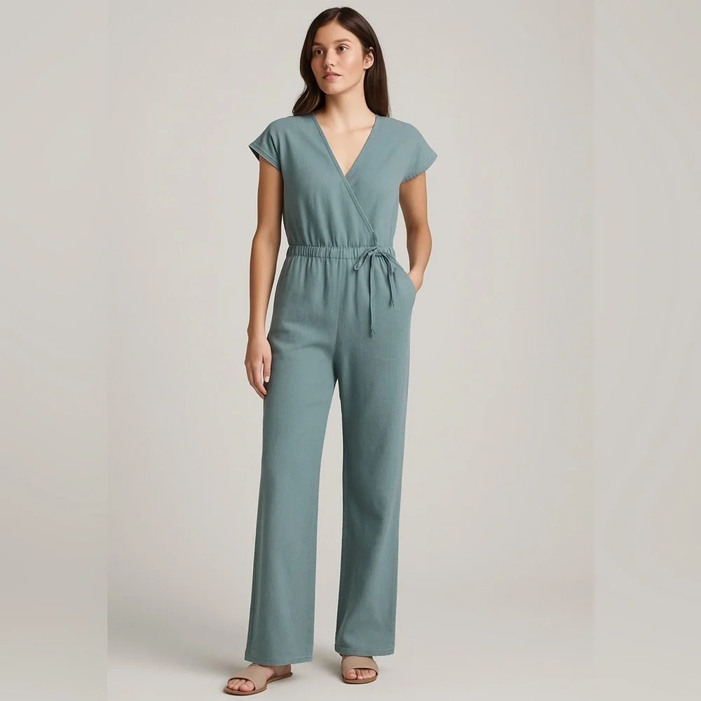Cloth & Stone Anthropologie Linen Blend Jumpsuit Blue Wrap Short Sleeve Size M - Picture 4 of 16